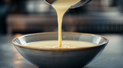 Focus on the pouring of creamy soup into a bowl for serving, Photograph - obrazy, fototapety, plakaty