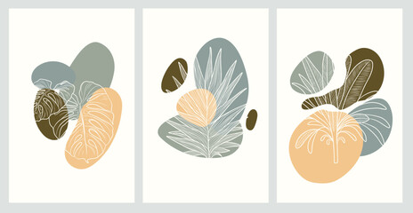 A set of three abstract botanical posters with soft narural color palettes, perfect for modern home decor or office spaces, posters and stickers for craft

