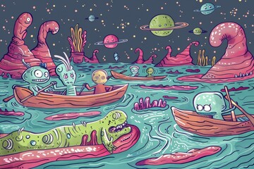 Cartoon cute doodles of a group of aliens paddle boating on a distant planet's liquid methane lake, with strange creatures lurking beneath , Generative AI