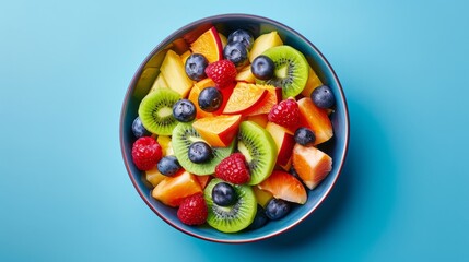 Top view of a colorful fruit salad arranged in a bowl, bursting with freshness and vibrant hues --ar