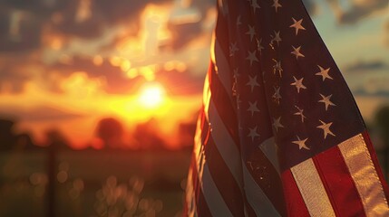 American flag fluttering proudly in the wind with a stunning sunset in the background