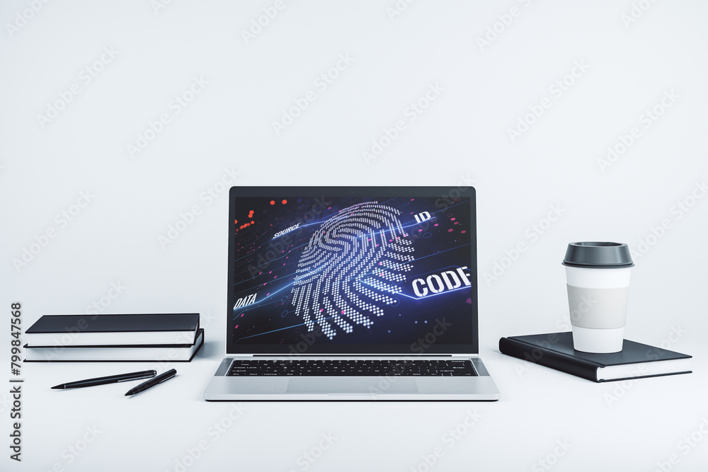 Aufkleber Computer monitor with abstract creative fingerprint illustration, personal biometric data concept. 3D Rendering