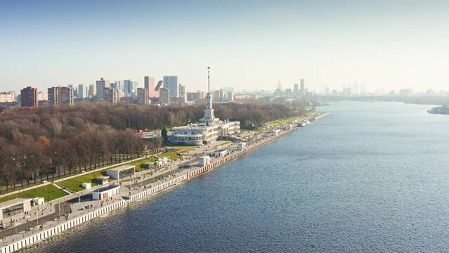 Aerial view of famous Rechnoy Vokzal river station in Moscow. Historical building of harbour terminal