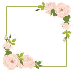 Square frame with roses. Wedding invitation with delicate pink flowers. Retro greeting card template for Mother's Day or March 8th in pastel colors. Flat cartoon style.