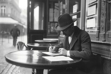 A 1920s-style black-and-white photo that looks like it was taken of a poet writing poetry in a Parisian cafe.