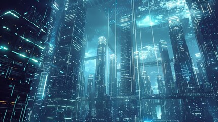 Obraz premium A futuristic cityscape with large skysers featuring pulsing lights indicating the widespread use of AIbrain integration in society..