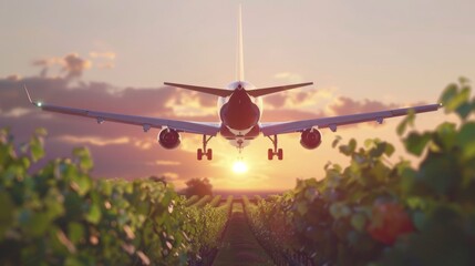 Scenic view of passenger airplane flying high over a beautiful vineyard at sunset