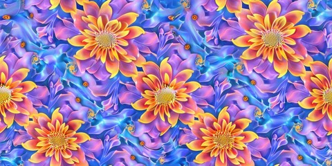 Abstract pattern of glowing flowers on black background, kaleidoscope drawing in vibrant, eye-catching style with a sense - obrazy, fototapety, plakaty