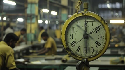 Against the backdrop of a clock ticking away the hours, workers in the factory press on, their determination unwavering as they strive to meet quotas and exceed expectations. - obrazy, fototapety, plakaty