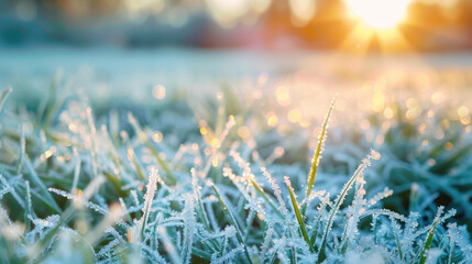 In winter, dew forms on the tops of grass. It turned into ice crystals and looked beautiful.