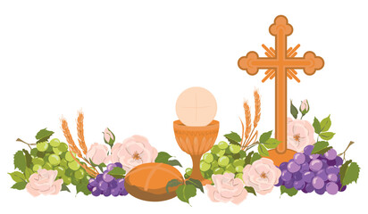 Catholic first communion. Vector. Composition of Christian symbols. Golden cup for wine, crucifix, bread, wine, grapes, white roses. Beautiful design elements for an invitation to the Holy Eucharist.