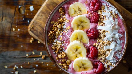 Top view of a refreshing fruit smoothie bowl topped with granola, coconut flakes, and sliced bananas