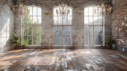 Empty, loft industrial grunge interior. Old brick walls and big windows. Interior concept background .3d Render