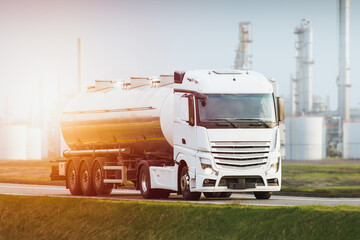 Oil tanker truck transports LNG, LPG, Petrol Gas and Diesel to the petrochemical industry plant.