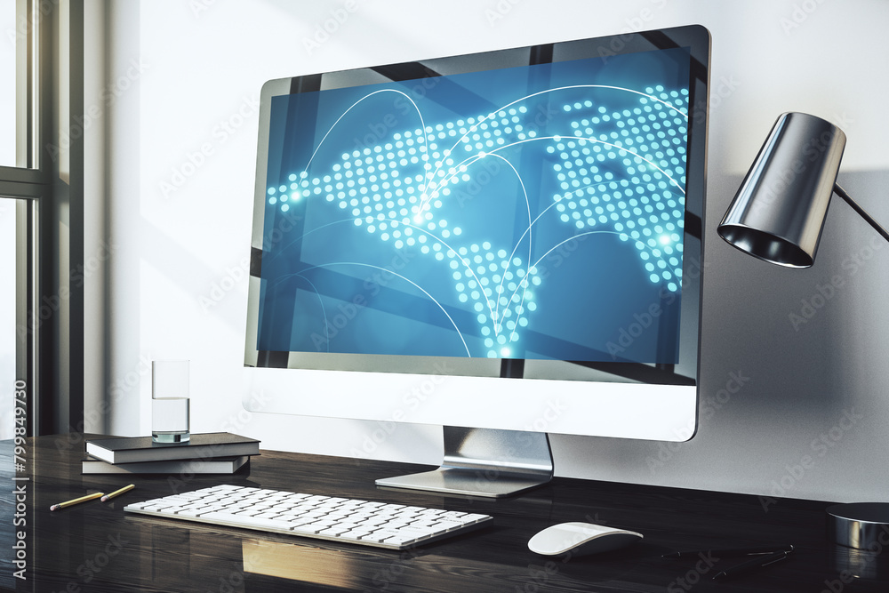 Poster abstract creative world map with connections on modern laptop screen, international trading concept.