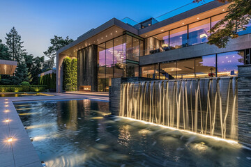 A contemporary mansion boasting a grand entrance with a cascading water feature and a towering glass facade.