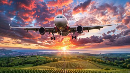 title. passenger aircraft flying high in the sky during a beautiful sunset,