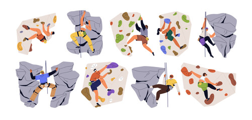 Climbers on rock cliffs, bouldering walls set. Mountain climbing up, extreme sport activity. Mountaineers athletes on ropes training indoors and outdoors. Flat graphic vector illustration isolated