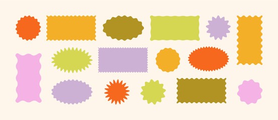 Zig zag Wavy Edge Rectangle, Oval, Circle Shapes Set. Vector Jagged Geometric Frame. Abstract Elements for Template, Stickers, Promo Design, Web Design and Social Media