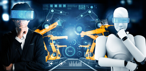 MLP Mechanized industry robot and human worker working together in future factory. Concept of...