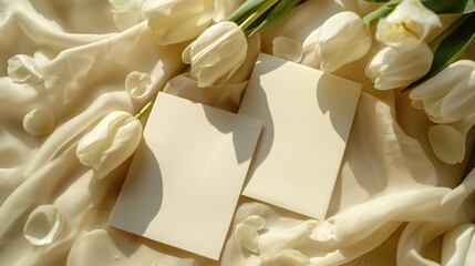 A blank greeting card with tulip flowers on a cream-colored curly silk tablecloth.