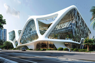 A contemporary office building with a sculptural facade, seamlessly blending form and function.