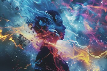 Surreal Woman Engulfed by Cosmic Flame Waves
 - obrazy, fototapety, plakaty