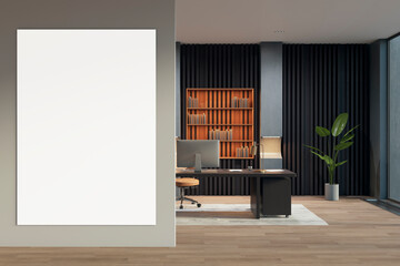 Contemporary luxury office interior with empty white mock up banner, bookcase and other objects. 3D...