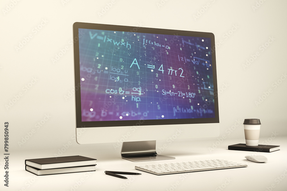 Poster Modern computer monitor with creative scientific formula concept, research and development concept. 3D Rendering
