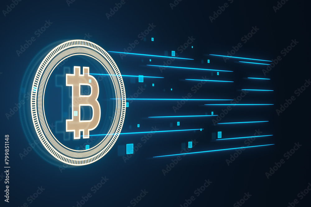 Poster Creative growing round bitcoin hologram on dark backdrop. Cryptocurrency and finance concept. 3D Rendering.