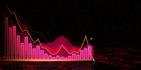 Creative growing pink forex chart on dark background with mock up place. Trade, finance and stock concept. 3D Rendering.