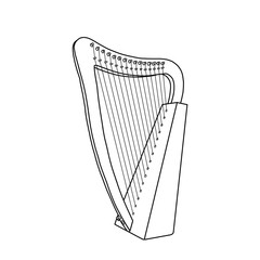 Vector illustration of harp, stringed musical instrument vector outline line art. Isolated on a white background.
