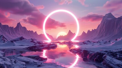 A fantastic landscape with an abstract backdrop to it. A portal to another world, neon landscapes, a golden section, a fairy realm. A 3D render of the scene