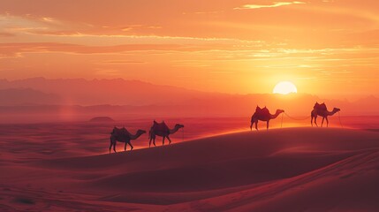 Fototapeta na wymiar Camels trekking through a desert at sunset, iconic 4K wallpaper