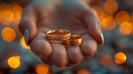  Hands presenting wedding rings with a blurred background