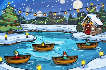 Cartoon cute doodles of a holiday paddle boat tour on a frozen lake, with twinkling lights and festive decorations adorning the boats ,Generative AI