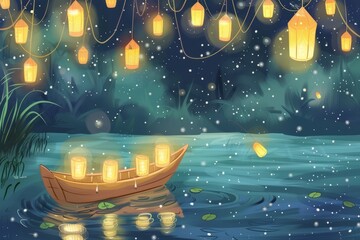 Cartoon cute doodles of a magical paddle boat ride on a mystical lake, with sparkling water and floating lanterns illuminating the way, Generative AI