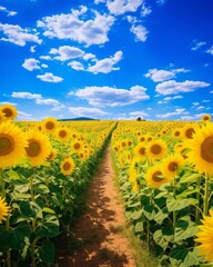 Wideopen sunflower field under a clear blue summer sky, bees buzzing, a pathway leading through the middle - obrazy, fototapety, plakaty