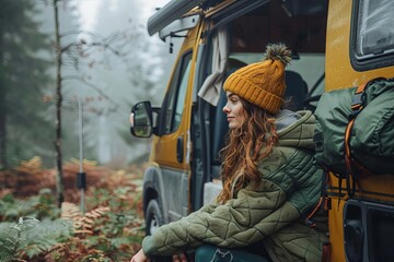 A social media influencer decides to embark on a vanlife journey to disconnect from the digital world and reconnect with nature  Portray their struggles with withdrawal, the unexpected benefits of bei - obrazy, fototapety, plakaty