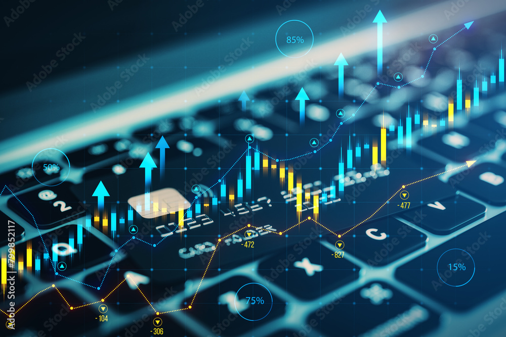 Poster close up of laptop keyboard with bank card and growing forex chart on blurry background. toned image
