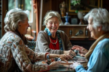 Three women sitting at a table laughing and playing cards. Elderly people background 