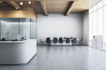 Clean light wooden, concrete and glass office reception with desk and other pieces of furniture. 3D...