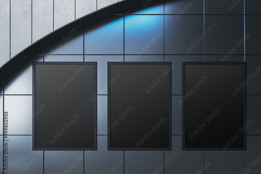 Poster modern underground interior with empty black mock up banners on tile wall. 3d rendering.