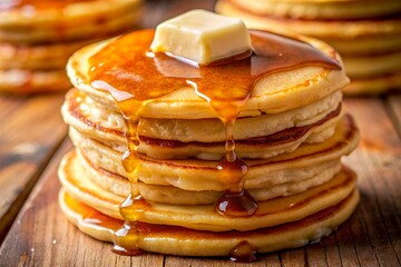 Melting Butter on Pancakes: A close-up view of melting butter slowly melting over a stack of warm pancakes, accentuating their fluffy texture and inviting aroma.
