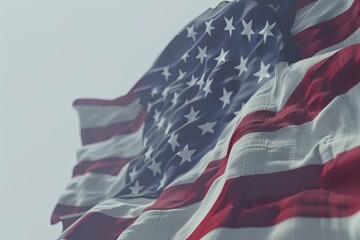 Close-up of American flag waving in the wind with copy space, depicted in 3D render. Patriotic realism