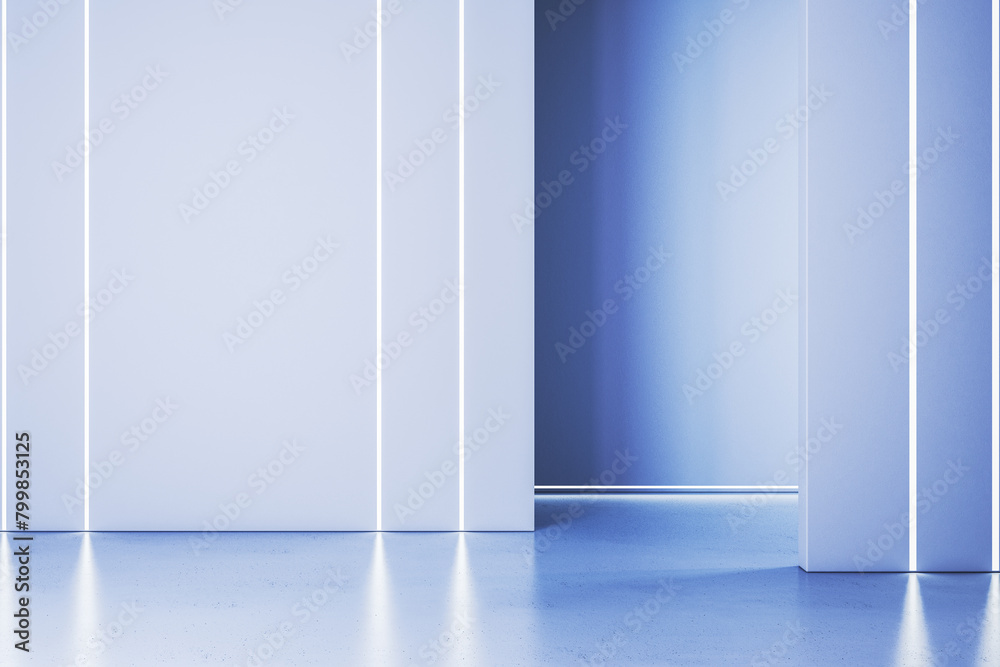 Poster modern blue interior with light reflections on floor and mock up place. gallery concept. 3d renderin
