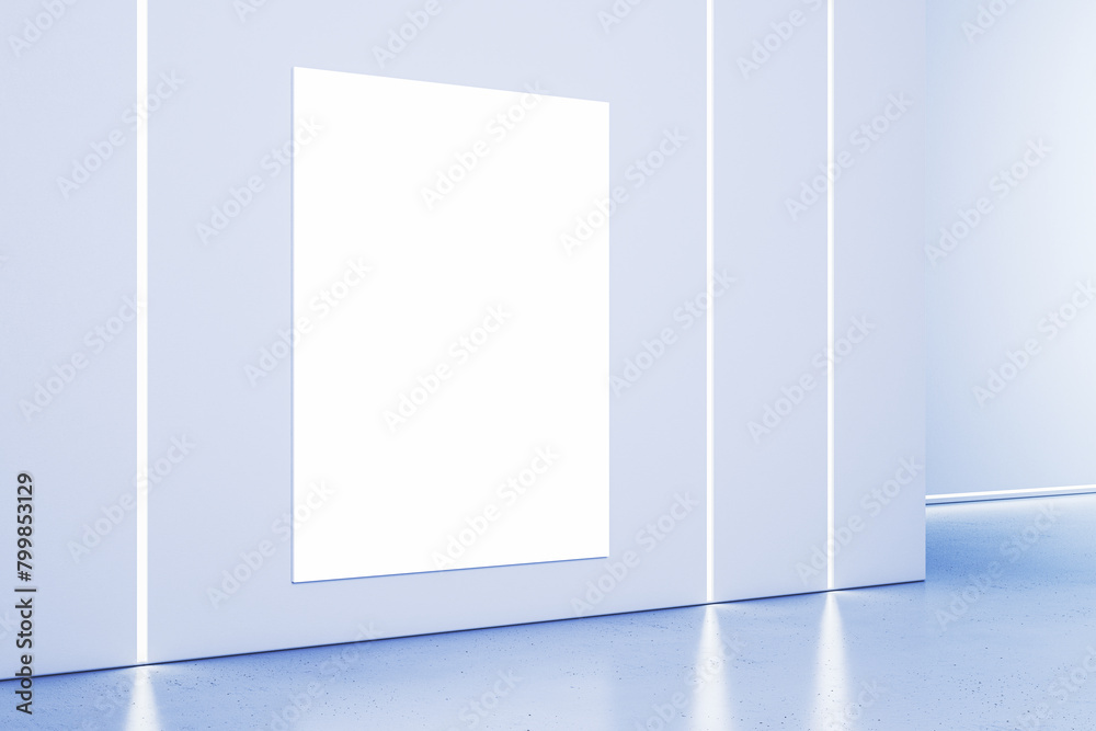 Poster modern blue interior with light reflections on floor and empty white mock up banner . gallery concep