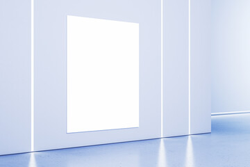 Modern blue interior with light reflections on floor and empty white mock up banner . Gallery concept. 3D Rendering.