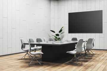 Modern meeting room interior with furniture and empty black mock up frame on wall. 3D Rendering.