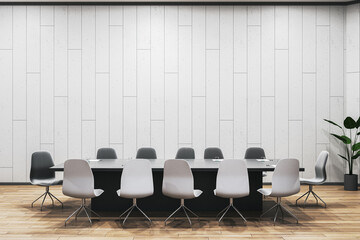 Modern meeting room interior with furniture and empty mock up place on wall. 3D Rendering.